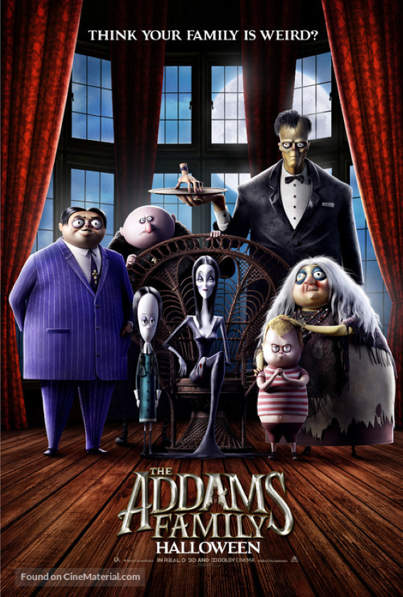 A movie poster for The Addans Family - Halloween, a family of seven goth-looking people, five adults and two children.