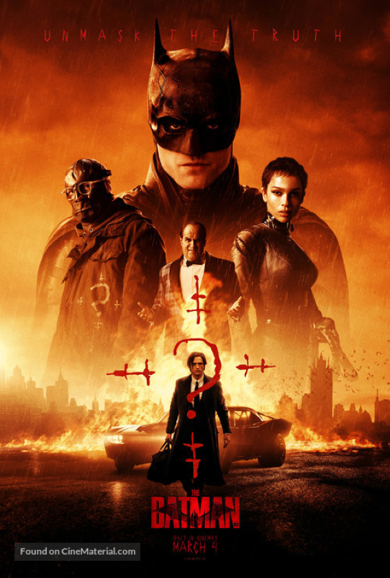 A movie poster for Batman, with a man walking away from a burning car holding a large black bag, and four movie characters flying above, three man and a women.