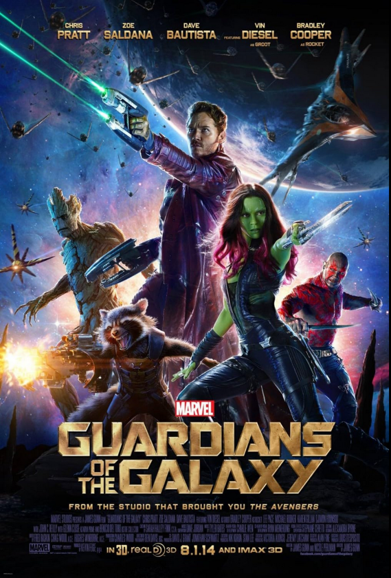 A movie poster for Guardians of the Galaxy, a group of five alien-looking people shooting and fighting on a alien planet.