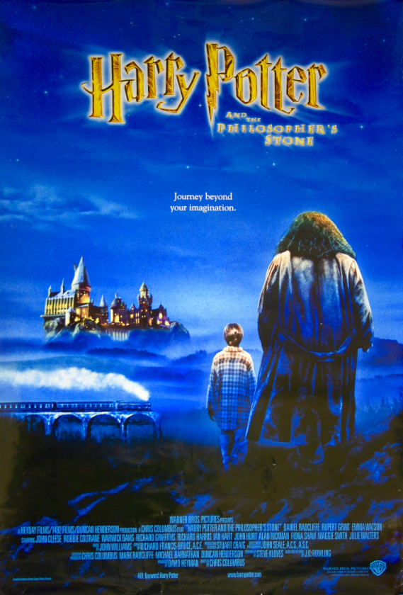 A movie poster for Harry Potter and The Philosopher's stone, a boy and a large man standing beside each other, looking at a distant locomotive train, and even more distant Castle.