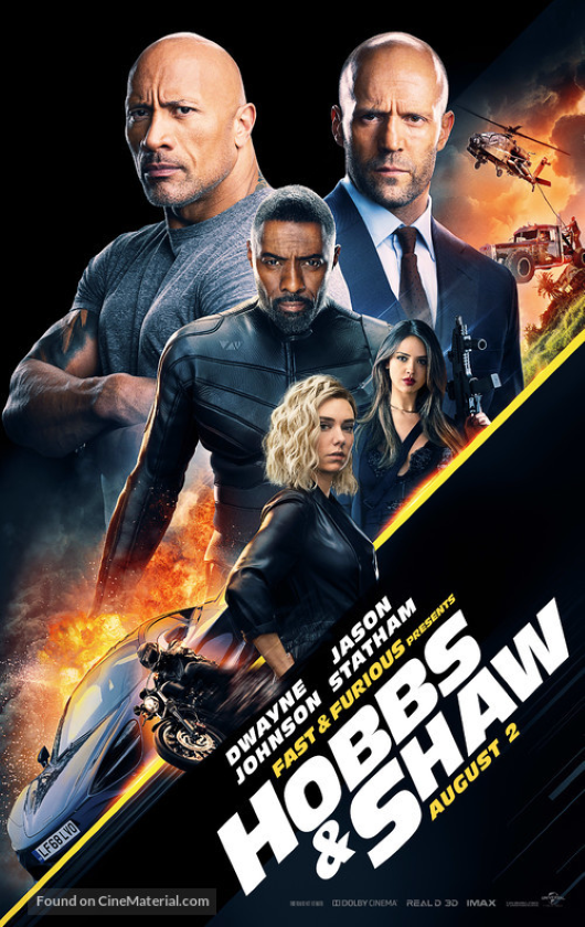 A movie poster for Hobbs & Shaw, five floating people with helicopers and cars in the background, three men and two women