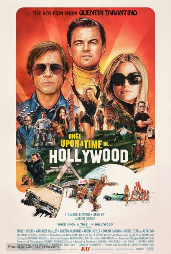 A movie poster for Once Upon a Time In Hollywood, nine floating heads and bodies create a triangle, underneath them is a hill of grass and cars