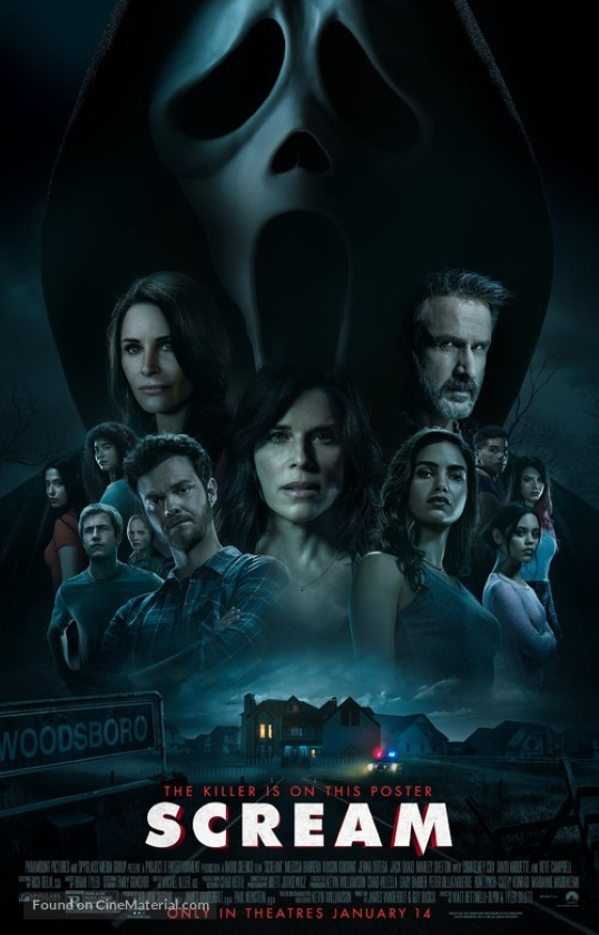 A movie poster for Scream, on top a masked person with the icon screamface mask, underneath are twelve adults both male and female, and underneath them is a house filled with police cars and a sign saying Woodsboro