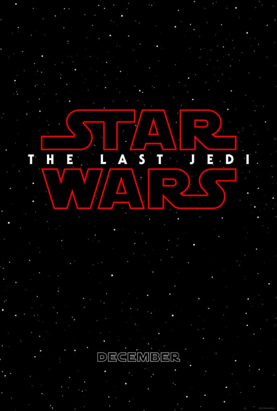 A movie poster for Star Wars - The Last Jedi, a black background filled with stars, a big red uppercase writing saying: Star Wars, and in between with smaller white uppercase writing: The Last Jedi