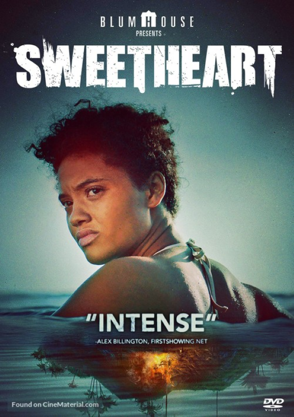 A movie poster for Sweetheart, a woman looking back at us while in water, waters reflect an island being on fire