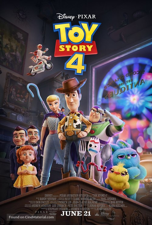A movie poster for Toy Story 4, a group of children toys looking ready for action